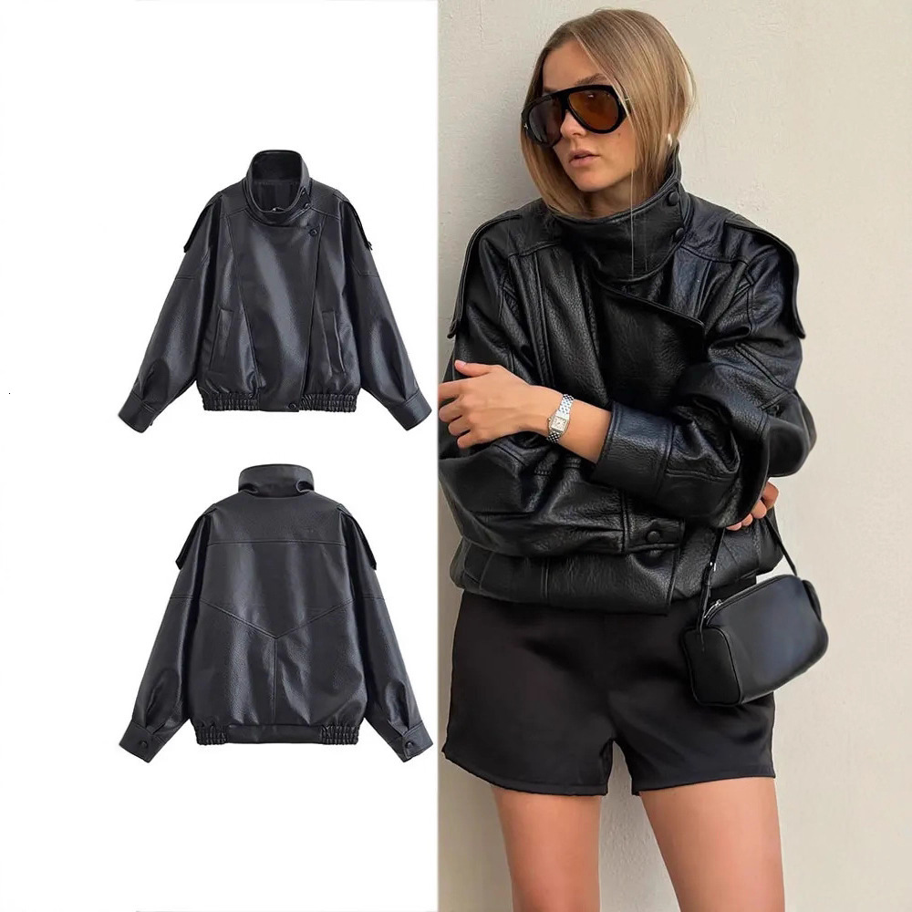 Stand Collar Womens Jacket Full Sleeve Double Button Solid Female Leather Jackets 2025 Autumn Fashion High Street Lady Outwears251010