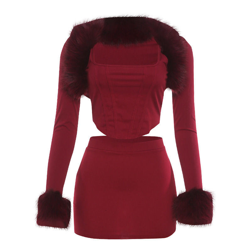 Sexy Fur Collar Hollow Crop Top Mini Skirt Women 2 Piece Set Autumn Elegant Knitted Bodycon Nightclub Dress Outfits 250118
