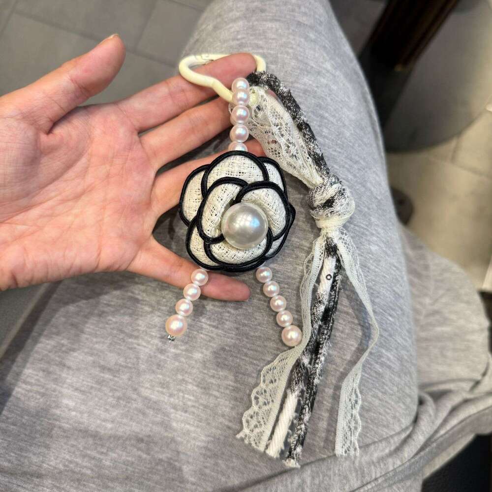 Bag Charm Keychain French Camellia Pearl Tassel with Lace Ribbon for Handbag Phone Decoration