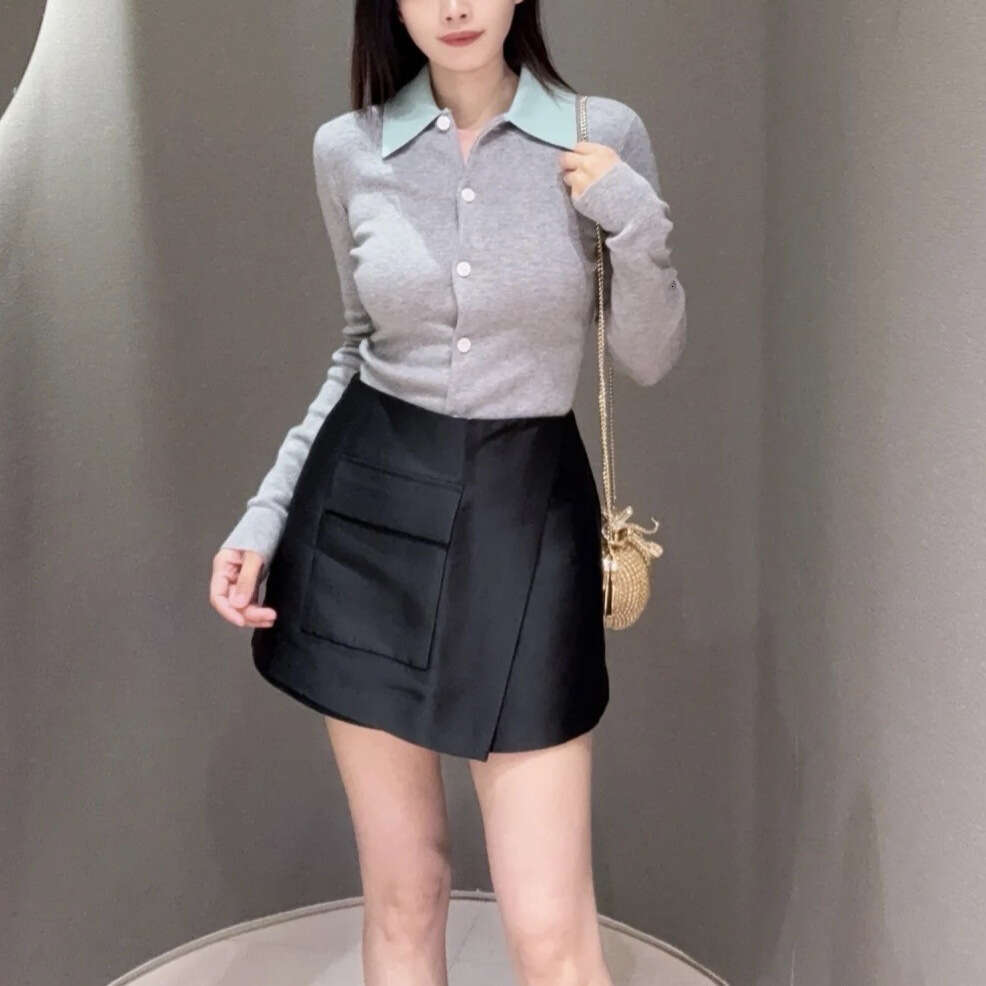 2026 Early Autumn New French Niche Color-Block Turn-Down Collar Slimming Long-Sleeve Knitted Cardigan Top