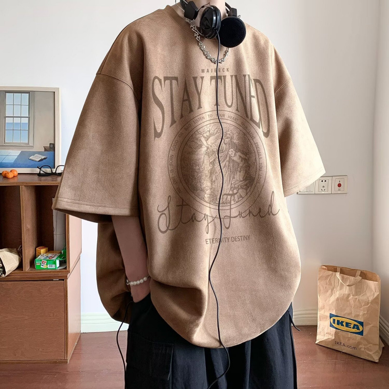 2026 New Arrival Faux Suede Short Sleeve T-shirt Men's Summer American Heavyweight Trendy Streetwear Oversized Half Sleeve Tee
