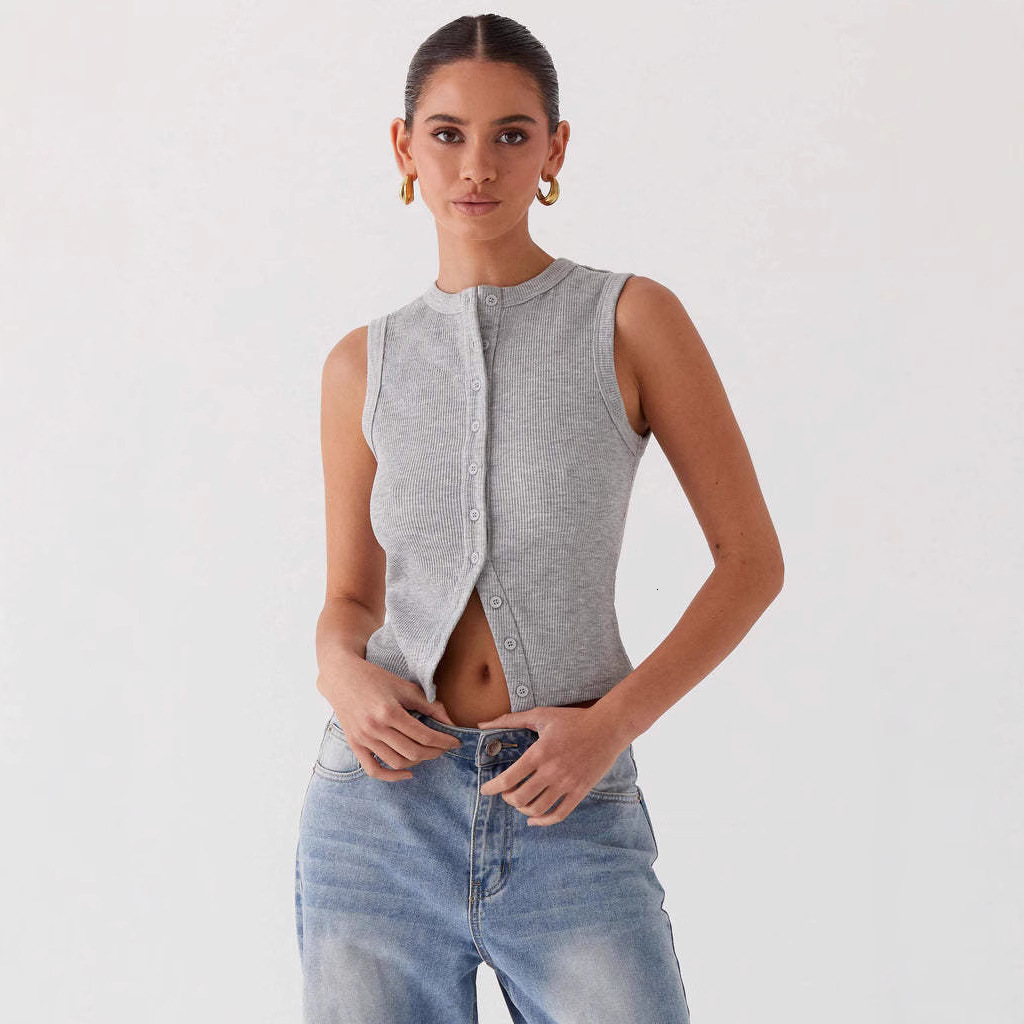 2025 Spring Summer Amazon European and American Hot-Selling Slim Fit Short Ribbed Sleeveless Button Vest T-Shirt Cross-Border Trade for Women