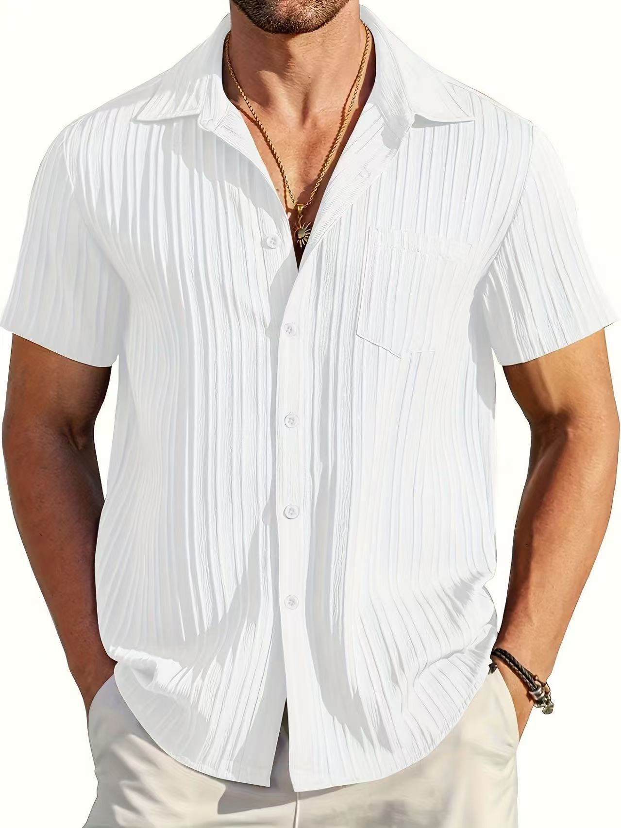 Mens Solid Color Wave Textured Button Up Short Sleeves Shirt 240816