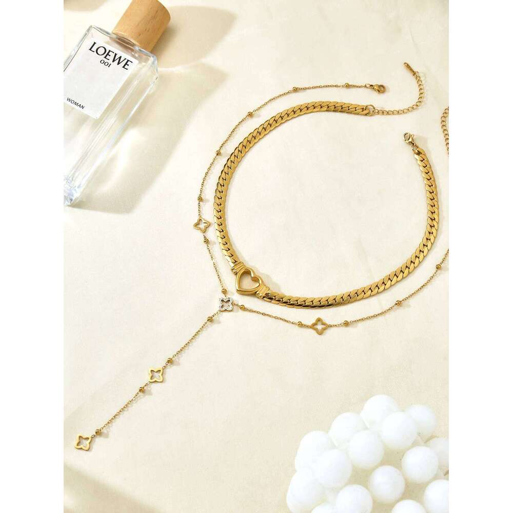 Jewellery Necklace Luxury Stainless Steel Four-Leaf Clover Diamond-Studded Y-Chain Hollow Heart Collar for Party and Anniversary Gift High Quality Tex