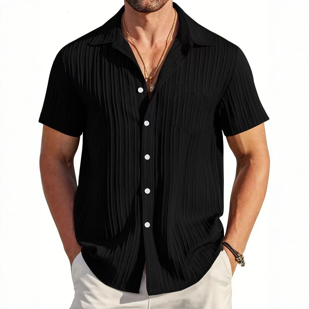 Mens Solid Color Wave Textured Button Up Short Sleeves Shirt 240816