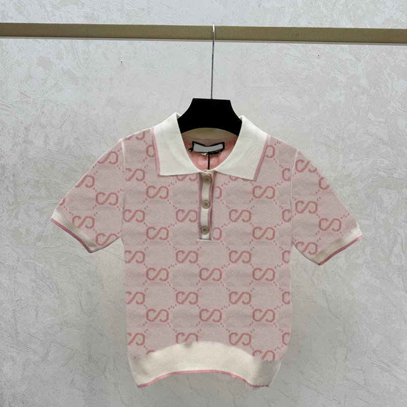 Designer Women Slim Fit Tees Lapel Neck Cropped Knitted Tops Summer Street Style Classic Short Sleeve Sweater