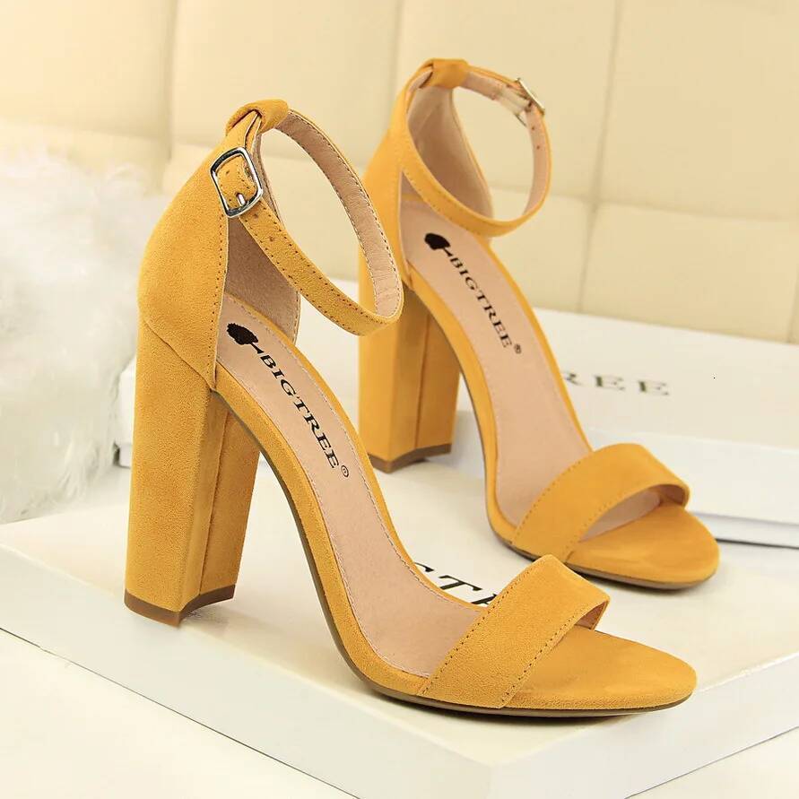 Summer Women 9.5cm High Sandals Yellow Nude Purple Gladiator Square Block Heels Pumps Chunky Platform Bridal Grace 0509-1 ddmythur