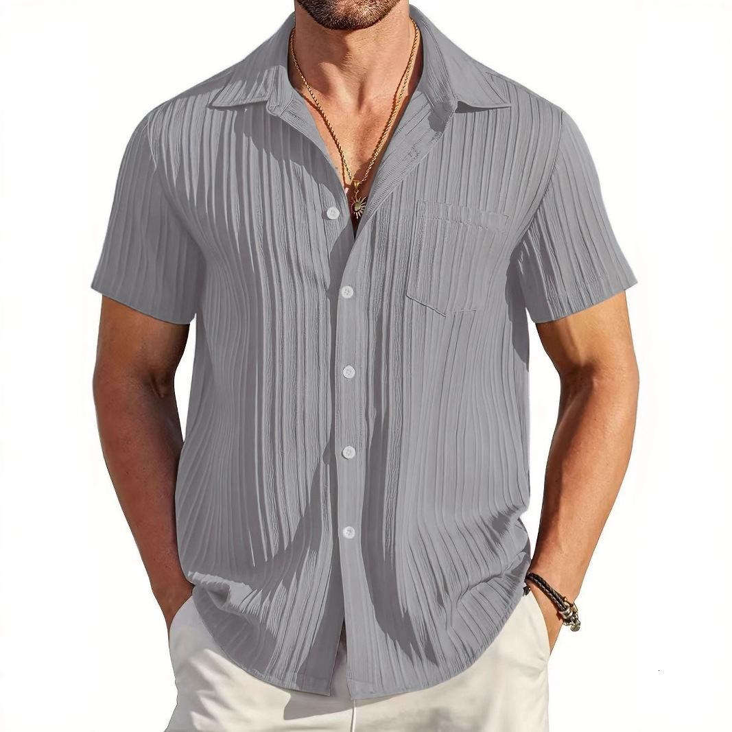 Mens Solid Color Wave Textured Button Up Short Sleeves Shirt 240816