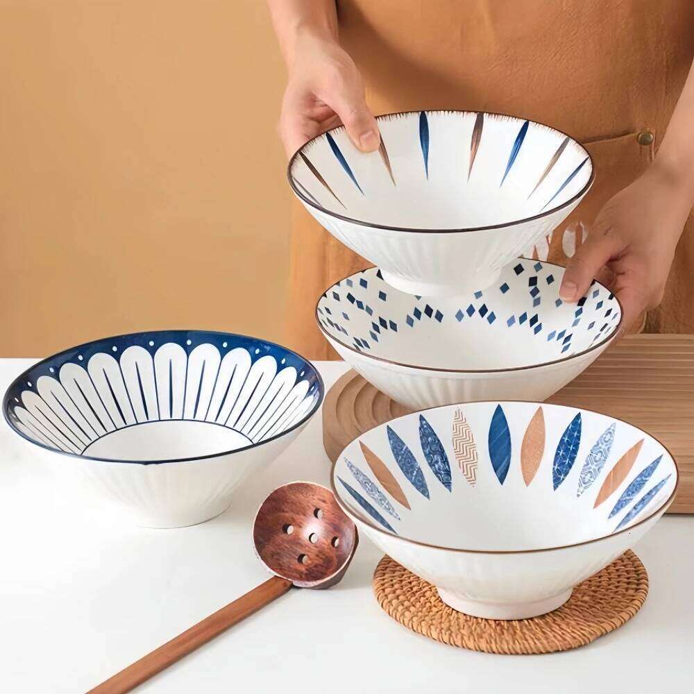 Kitchenware Household Dining Room Tableware Premium Ceramic Ramen Bowl Soup Noodle Bowl Outdoor Living Room Bucket Design Threaded Soup Bowl for Noodl
