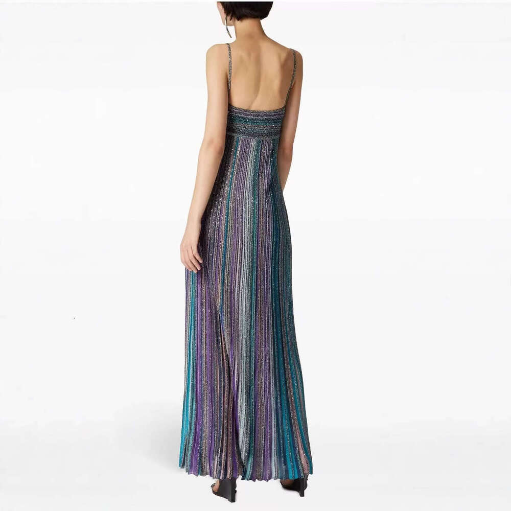 2026 Summer New Fashion Vacation Style Color Block Sequin Striped Knitted Slim Fit Elegant Spaghetti Strap Dress