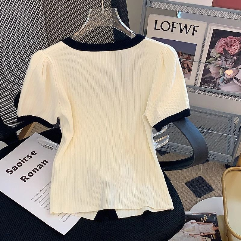 Luxury Brand Designer Clothes Little Style Apricot Square Neck Short Sleeve Short Ice Silk Knitted Top For Women 2025 Summer New Bowknot Shirt