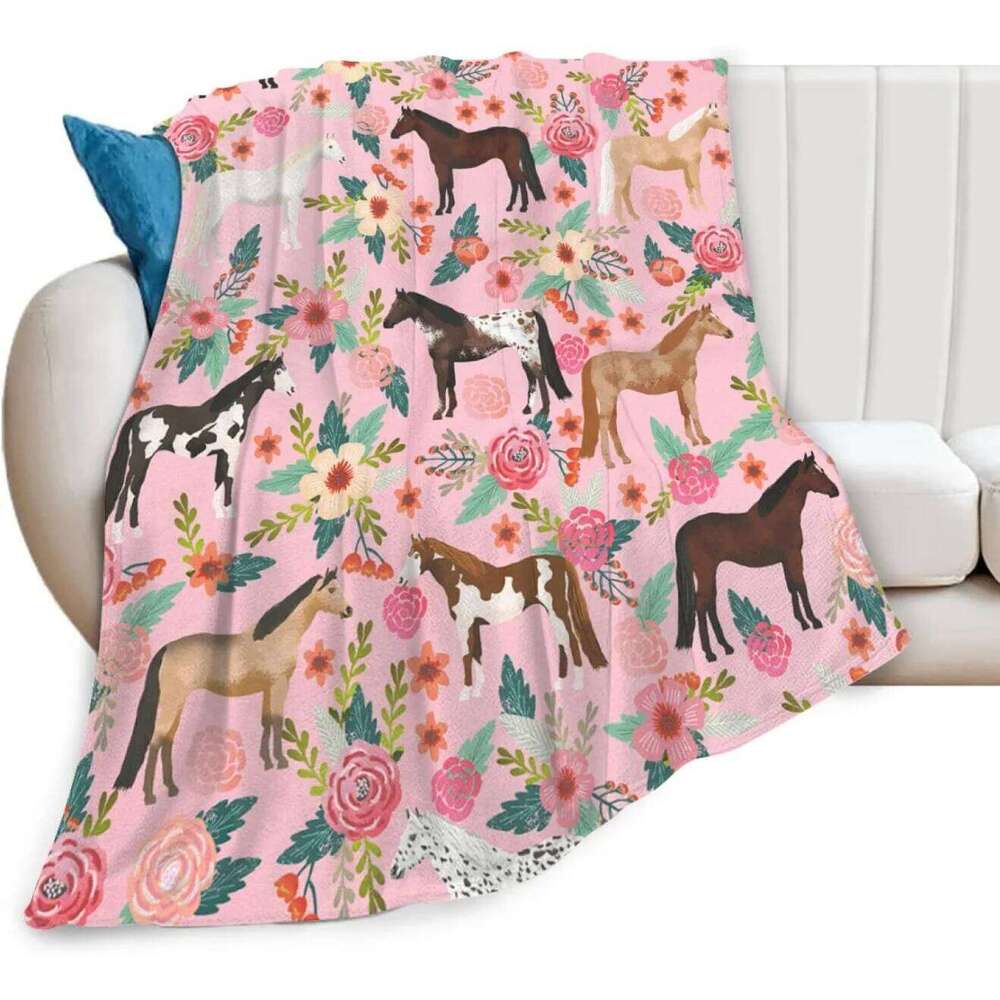 Horse Blanket Gift Girls Women Cartoon Horses Flannel Cute Farm Animal Blankets Soft Lightweight for Lovers Decor Sofa Bed