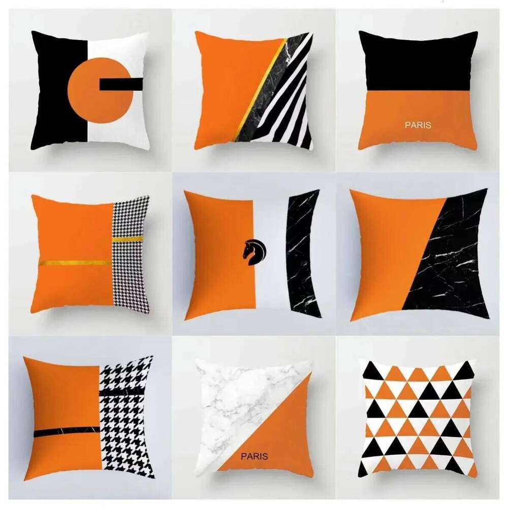 Orange series patchwork pillowcase design for sofa decoration, printed short plush pillowcase, cushion, orange light luxury backrest pillowcase, plush