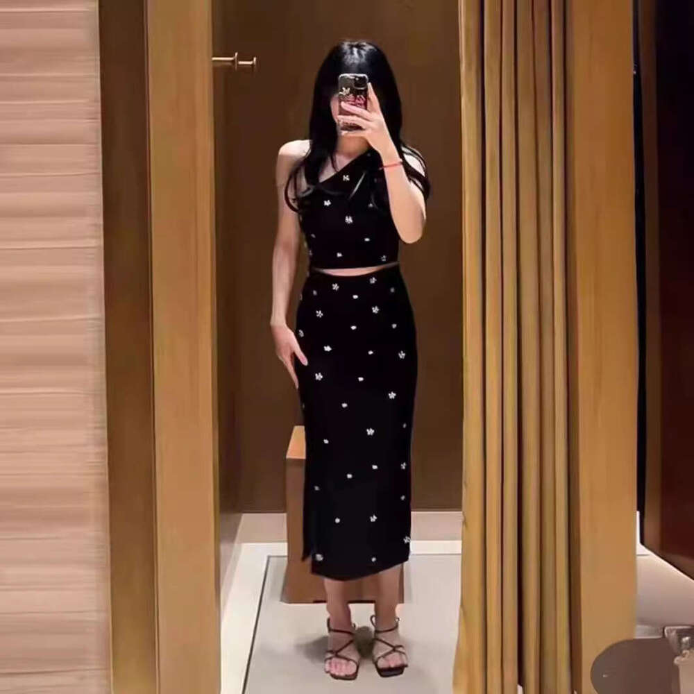 2026 Spring Summer Floral Pendant Black S Home Off-Shoulder Knitted Camisole Mid-Length Skirt Set for Women