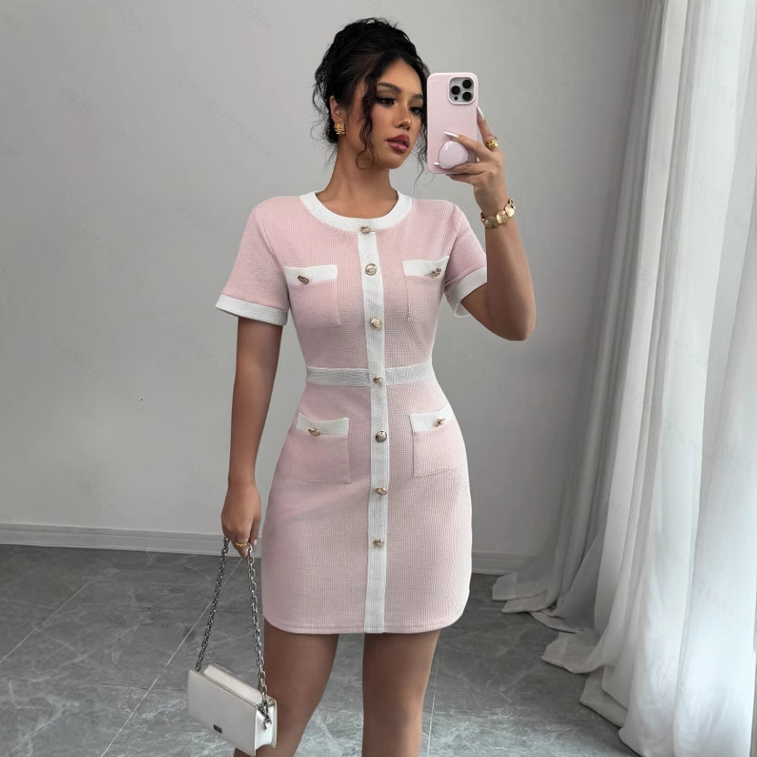 Luxury Brand Designer Clothes Summer Dress French Style Waist-Cinching Slimming Elegant Goddess Fashion Style Clothes Slim Short Sleeve Knitted Dress