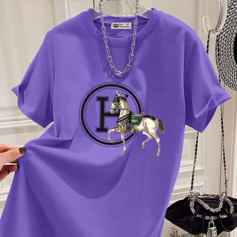 100% Cotton Short Sleeve T-Shirt For Women 2024 Summer New Round Neck Loose Plus Size Korean Style Regular Shoulder Top Tee