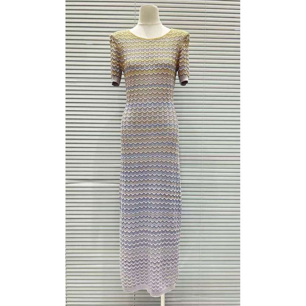 2026 Summer New Fashionable Elegant Design Gradient Color Slim Fit Round Neck Short Sleeve Knitted Dress