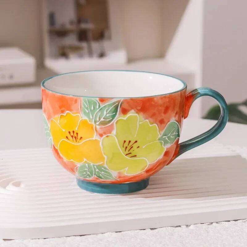 500ML Ceramic Coffee Mugs Large Capacity Hand-painted Relief Breakfast Cup Milk Oat Flower Tea Cups Creative Drinking Water Mug