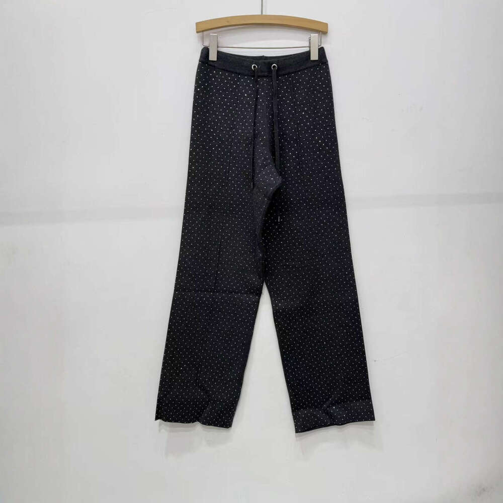 French Elegant 26 Autumn Winter Dimur Style Fashionable Gray Rhinestone Decorated Turn-Down Collar Knitted Cardigan + Long Pants Set