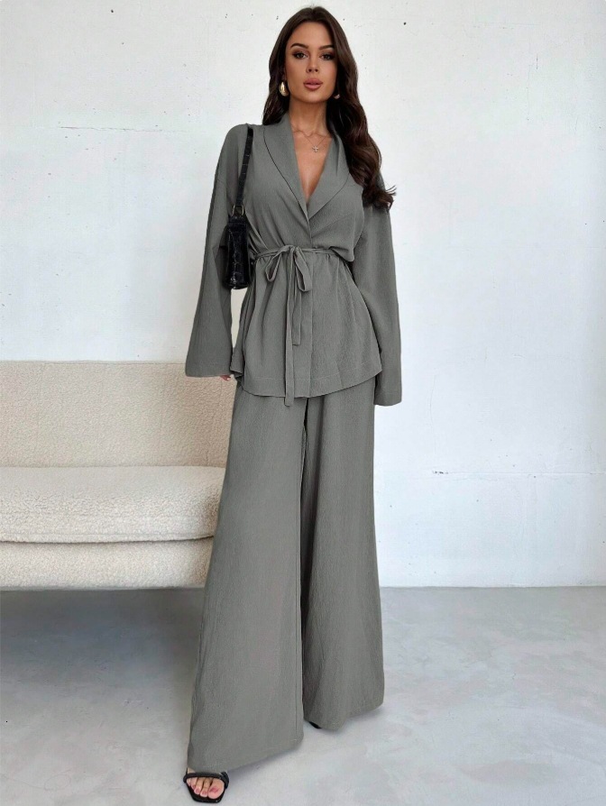 2025 Autumn Winter European American Amazon Cross-Border Fashion V-Neck Women's Elegant Long Sleeve Wide-Leg Pants Set