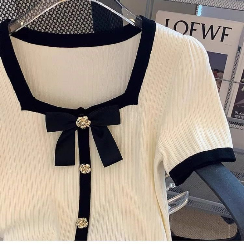 Luxury Brand Designer Clothes Little Style Apricot Square Neck Short Sleeve Short Ice Silk Knitted Top For Women 2025 Summer New Bowknot Shirt