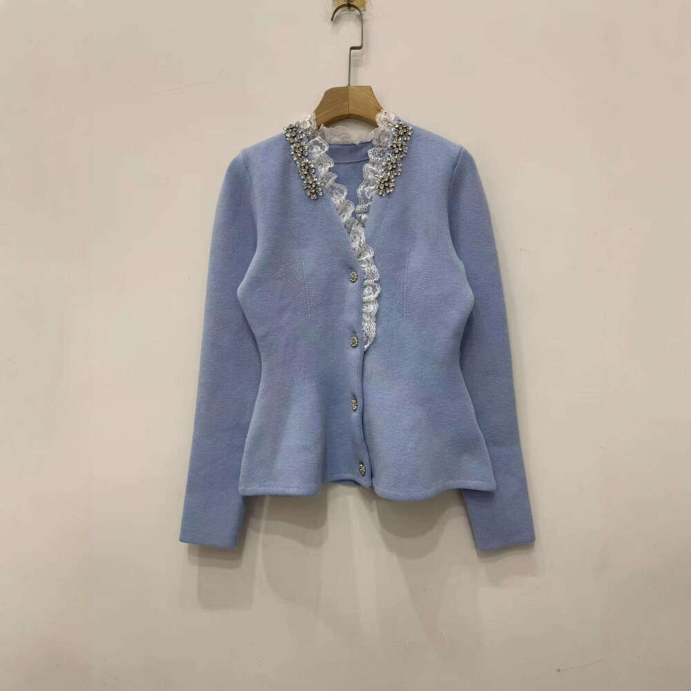 French Niche 26 Autumn New Elegant Socialite Style V-neck Lace Rhinestone Knitted Cardigan Jacket Top