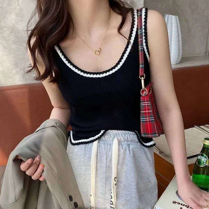Fashionable Chic Summer New Vest Women's Spliced Round Neck Printed Embroidery Loose All-Match Sleeveless Camisole T-Shirts Tops