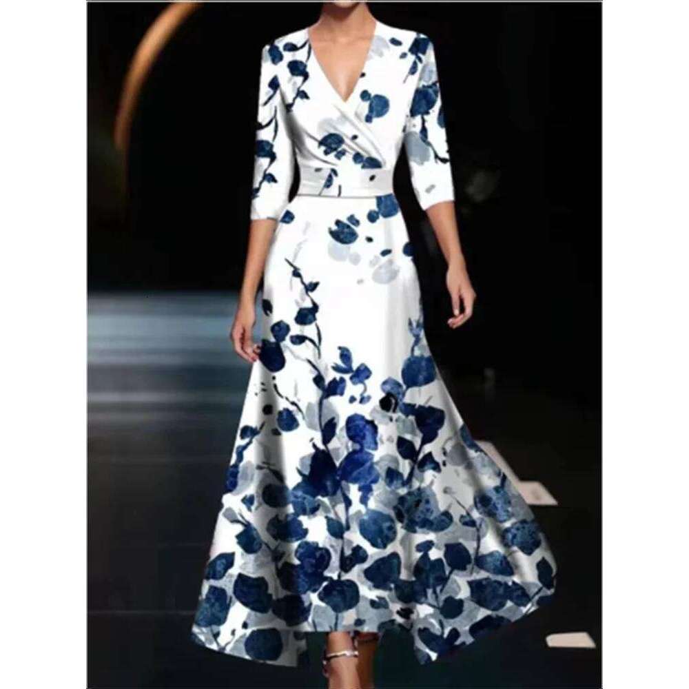 High Waisted V-neck Long Sleeved Geometric Printed Dress Fashionable Elegant Daily Street Wear Women's Dresses