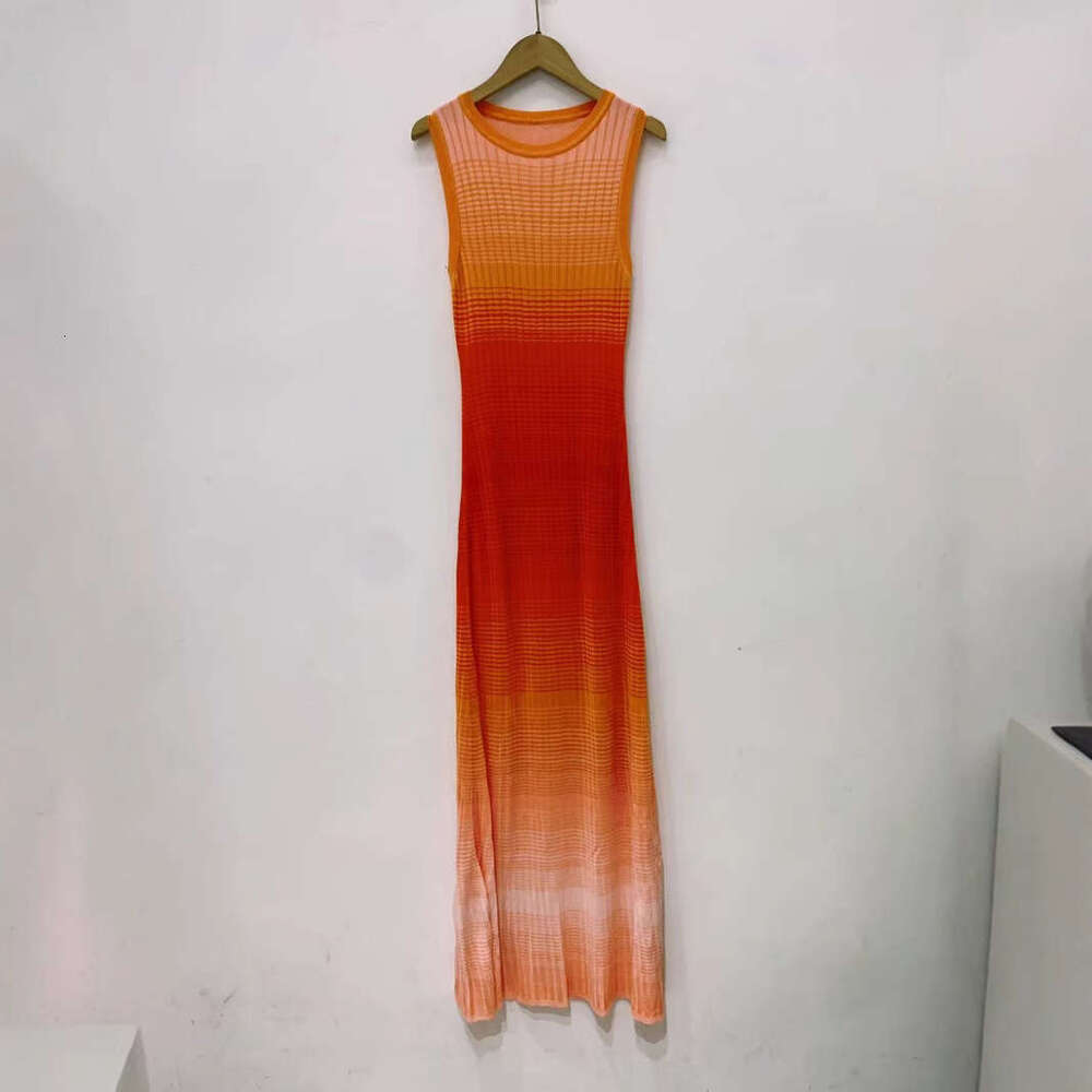 2026 Summer New French Elegant Style Gradient Striped Long Knitted Vest Dress