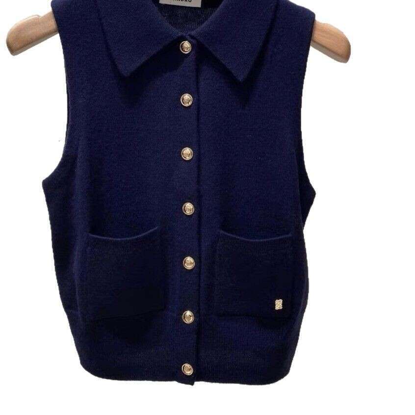 French Style Elegant 2026 Early Spring New Single-Breasted Button Turn-Down Collar Dark Blue Knitted Cardigan Sleeveless Vest for Women