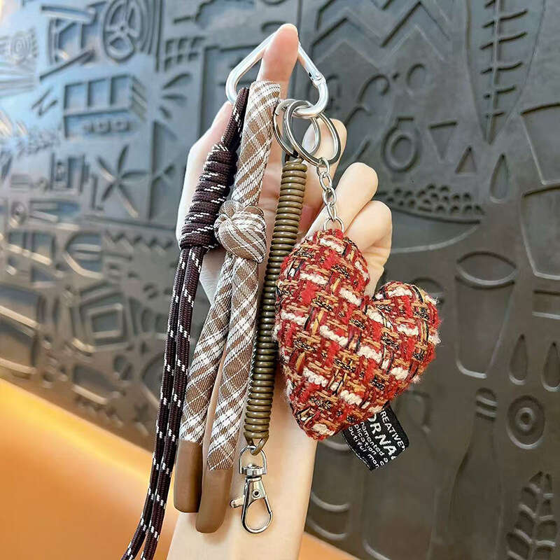 Bag Charm Tweed Heart Bag Charm Keychain with Plaid Tassel Strap Multi-use for Bag Phone