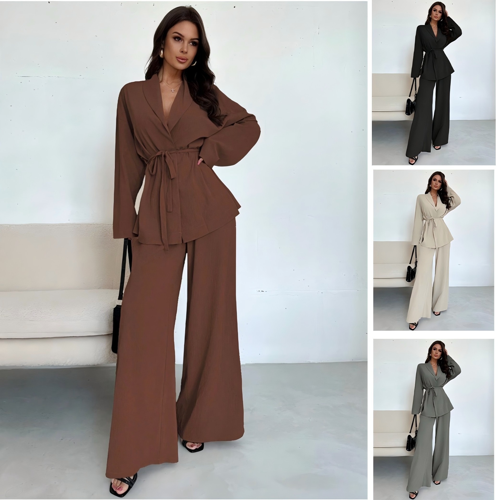 2025 Autumn Winter European American Amazon Cross-Border Fashion V-Neck Women's Elegant Long Sleeve Wide-Leg Pants Set