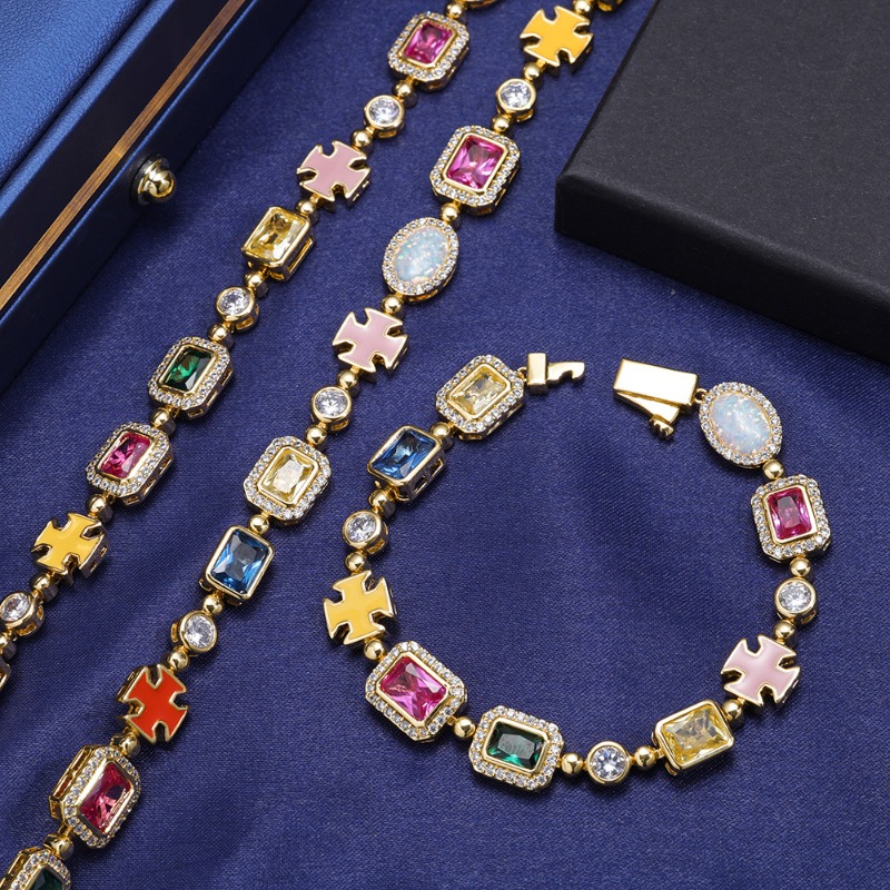 Jewelry Necklace Bracelet Hip Hop Colorful Gemstone Zircon Jewelry for Women and Men
