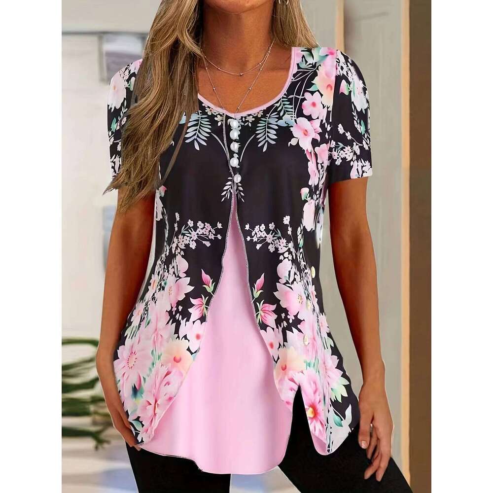 Elegant Fake Two-Piece Women's Round Neck Short Sleeved Button Blouse Summer Office Lady Work Casual Top