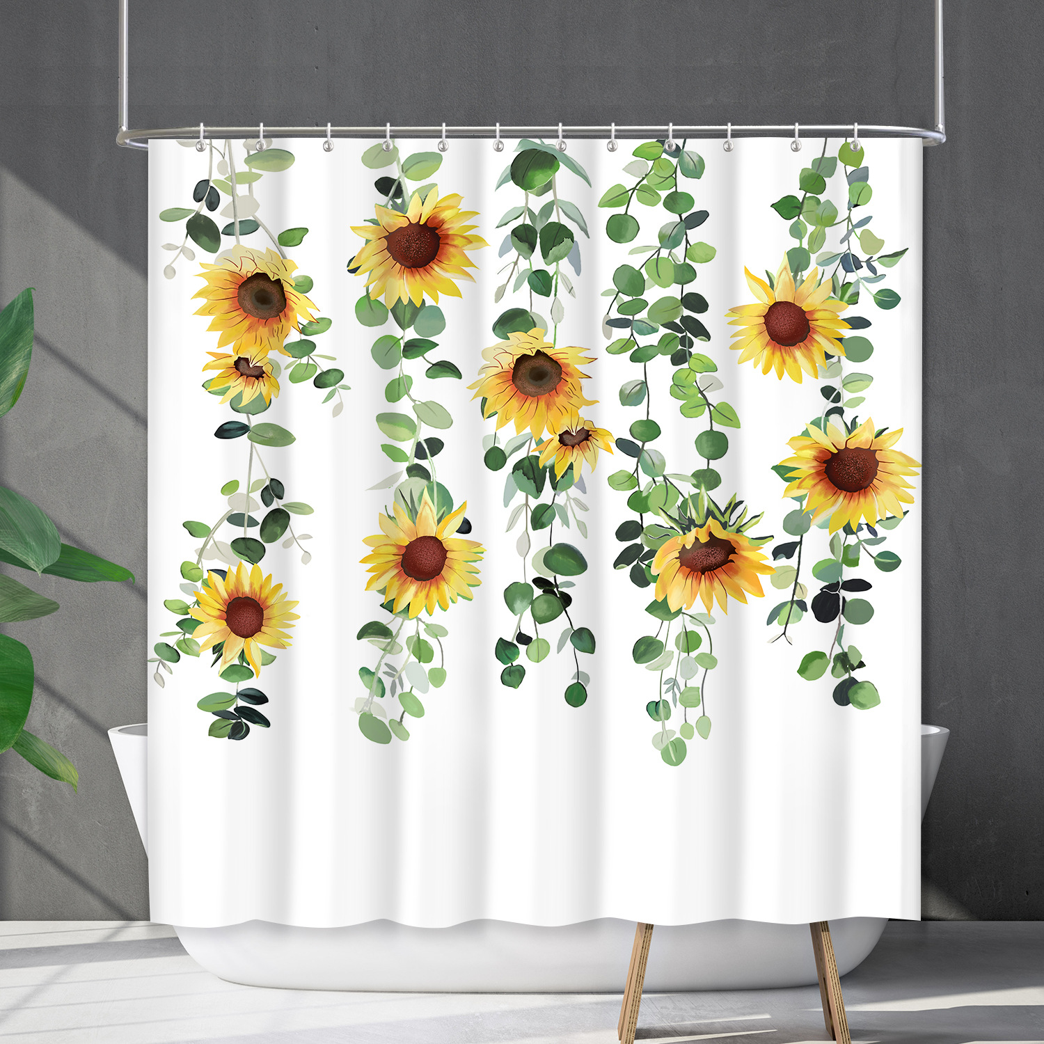 YL-38184 Waterproof Shower Curtain Set with Floral and Plant Designs, Shower Coverage, No Drill Required