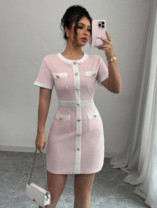 Luxury Brand Designer Clothes Summer Dress French Style Waist-Cinching Slimming Elegant Goddess Fashion Style Clothes Slim Short Sleeve Knitted Dress