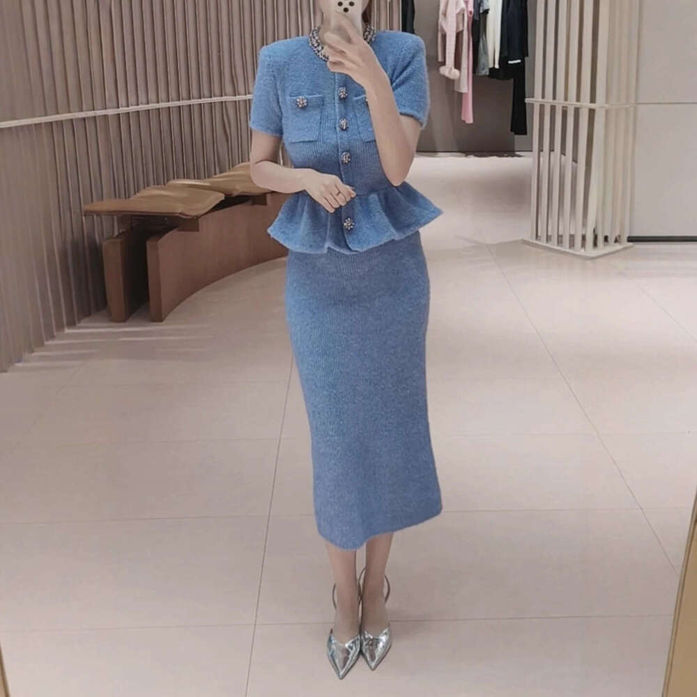 2026 French Niche Autumn Winter Luxury Style Rhinestone Embellished Ruffled Long Knitted Dress