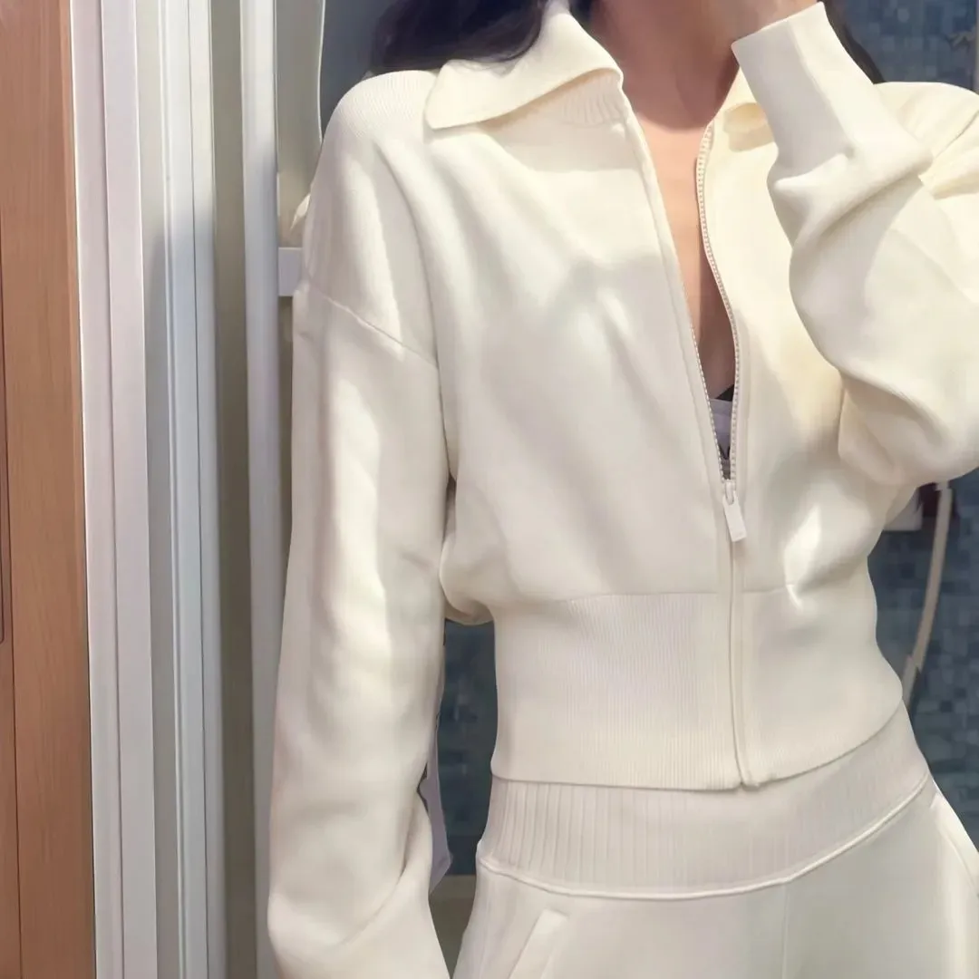 Women Designer Knit Sets Scholar Knit Cropped Full Zip Jackets Yoga Cardigan Serenity Wide Leg Sweatpants Cropped knitted Sweater Winter Gym Outfit Shaping