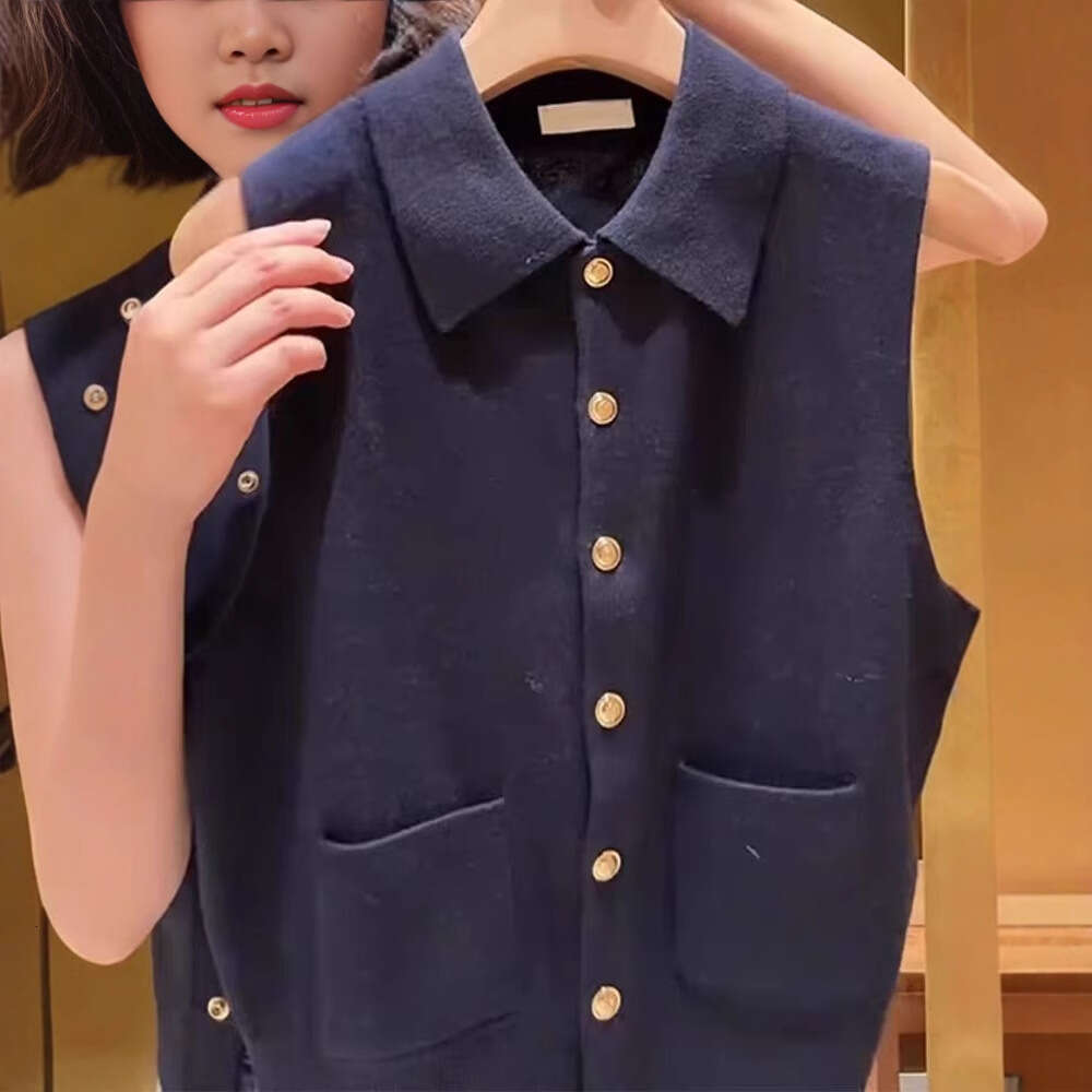 French Style Elegant 2026 Early Spring New Single-Breasted Button Turn-Down Collar Dark Blue Knitted Cardigan Sleeveless Vest for Women