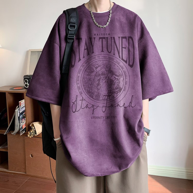 2026 New Arrival Faux Suede Short Sleeve T-shirt Men's Summer American Heavyweight Trendy Streetwear Oversized Half Sleeve Tee