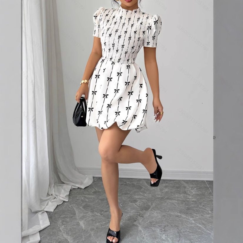Luxury Brand Designer Clothes European And American 2025 Summer New Ruffled Sleeve Women's Bow Pullover Dress
