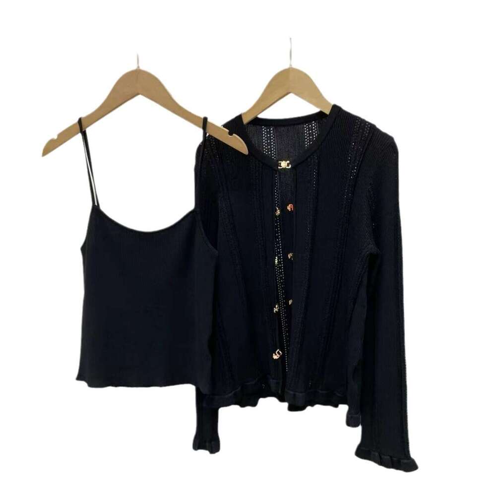 French Niche 2026 Early Autumn New Women's Fashion Elegant Black Slim Knitted Top Camisole Two-Piece Set M