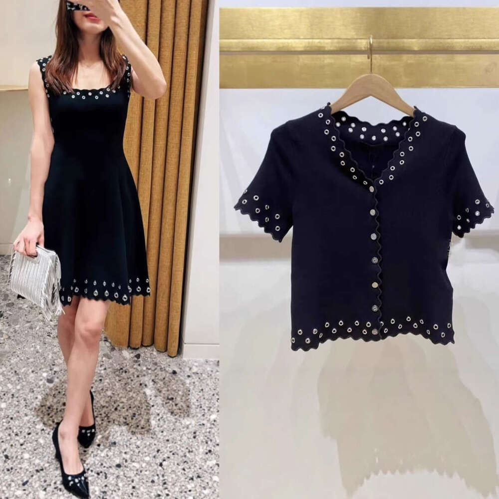 French Elegance 2026 Summer New Style Temperament Wave Edge Hollow Rivet Tank Dress + Short Sleeve Knitted Cardigan Top