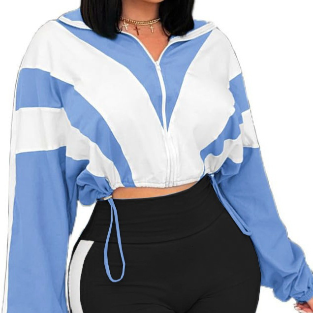 Without Pants Womens Color Block Short Jacket with Zipper and Drawstring Comfortable Elastic Jacket 240810