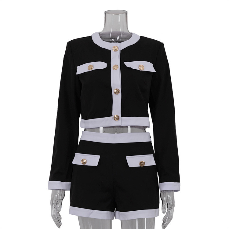 Luxury Brand Designer Clothes European And American Style Black And White Color-Block Fashion Set For Women, Patchwork Design Long Sleeve Cardigan, Sh