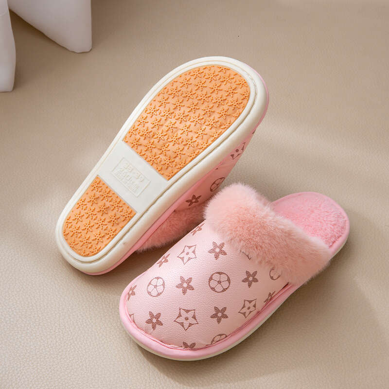 PU Waterproof Cotton Women, Autumn Winter New Style, Fleece-Lined, Warm, Non-Slip, Middle-Aged Elderly Slippers for Men, Indoor and Outdoor Wear