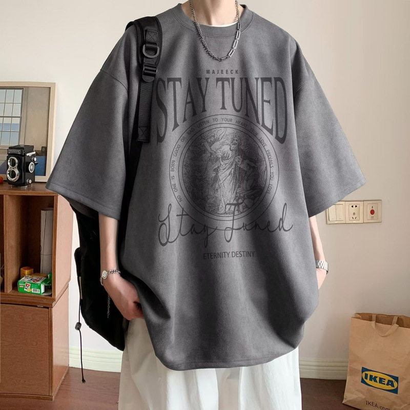 2026 New Arrival Faux Suede Short Sleeve T-shirt Men's Summer American Heavyweight Trendy Streetwear Oversized Half Sleeve Tee