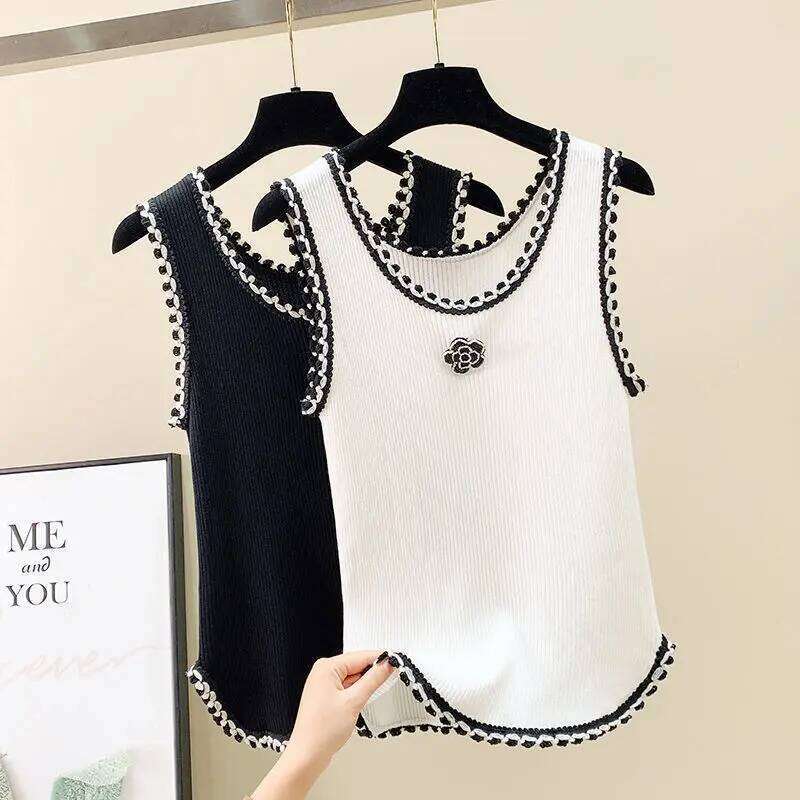 Fashionable Chic Summer New Vest Women's Spliced Round Neck Printed Embroidery Loose All-Match Sleeveless Camisole T-Shirts Tops