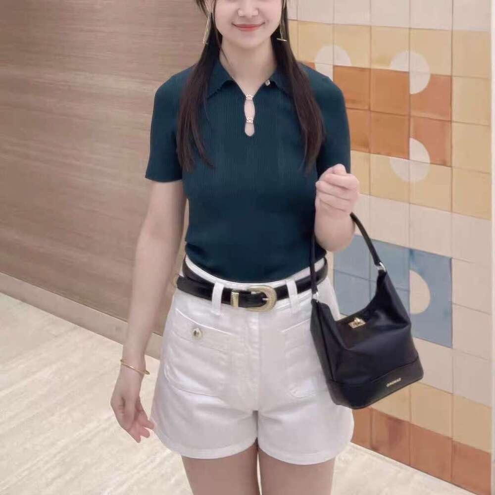 2026 Early Autumn Elegant Fashion Slim Fit Polo Collar Hollow Metal Chain Short Sleeve Knitted T-Shirt Top