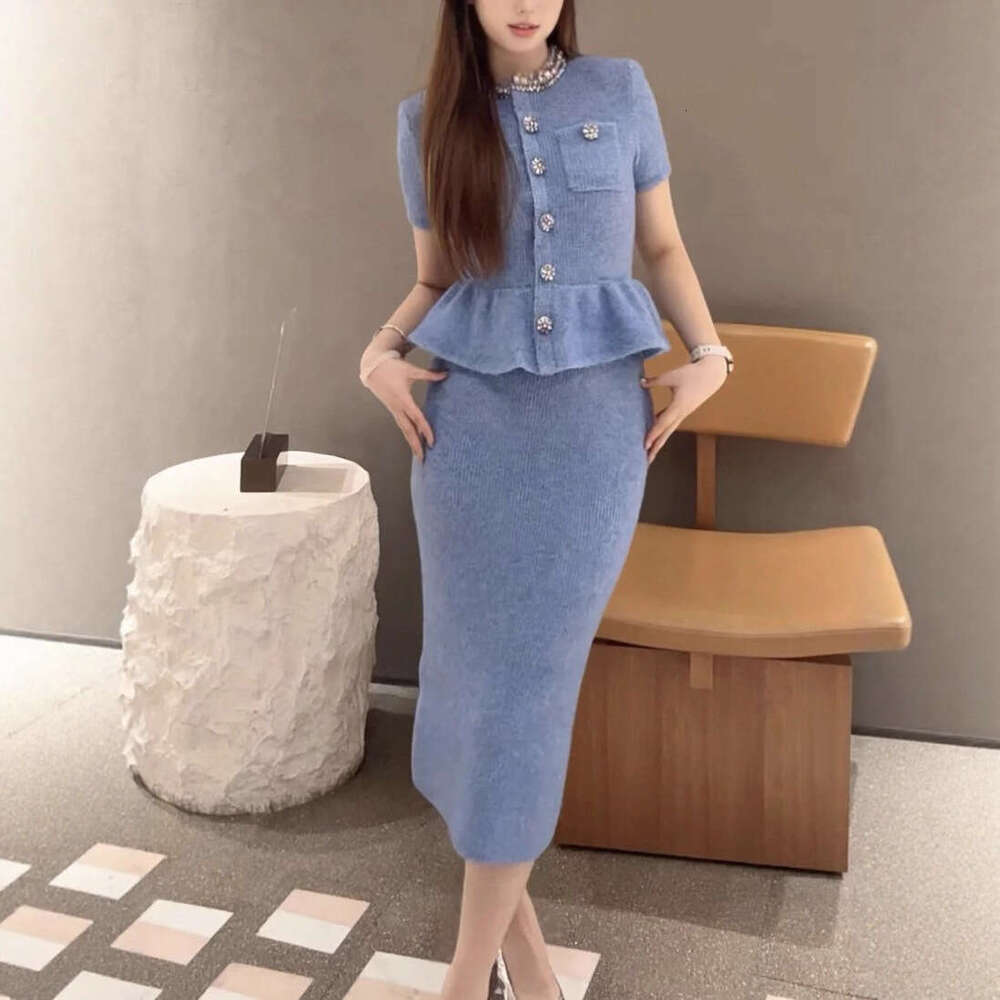 2026 French Niche Autumn Winter Luxury Style Rhinestone Embellished Ruffled Long Knitted Dress